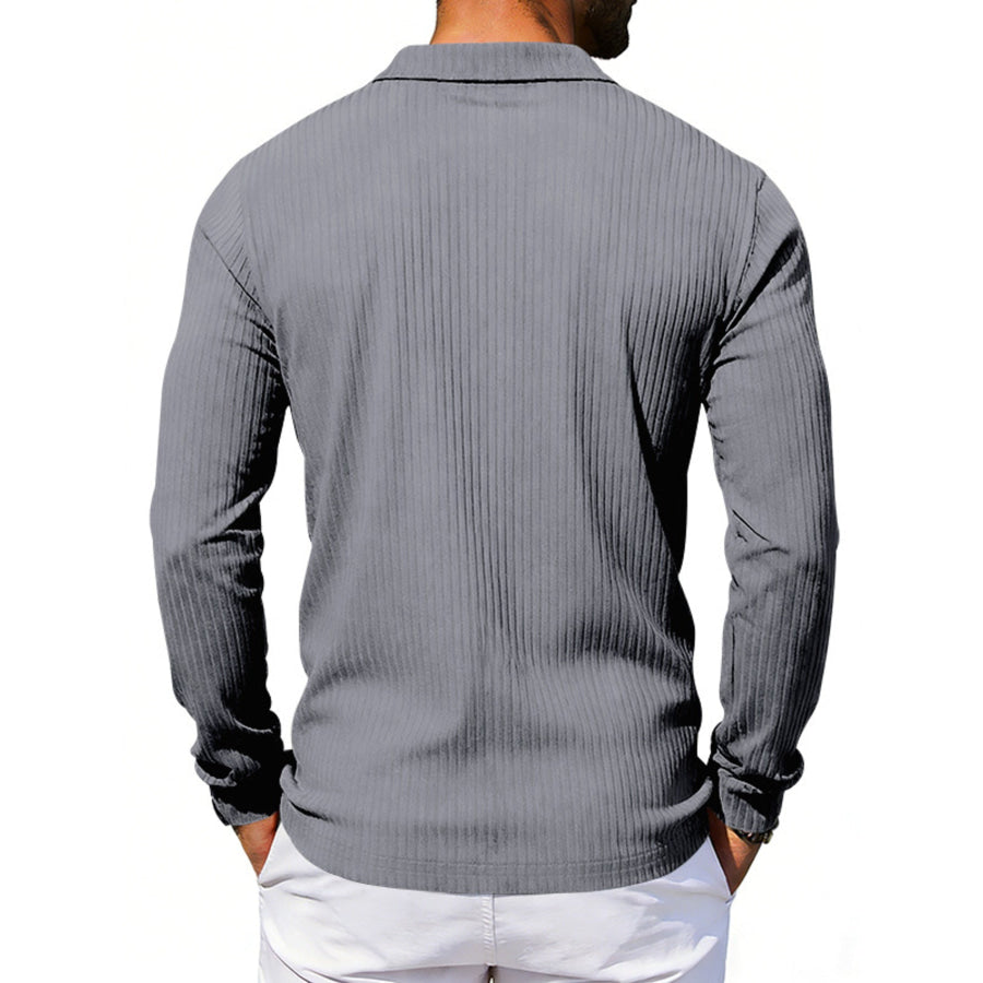 Men’s Full Size Ribbed Long Sleeve Polo with Button Detail Plus Size Apparel and Accessories