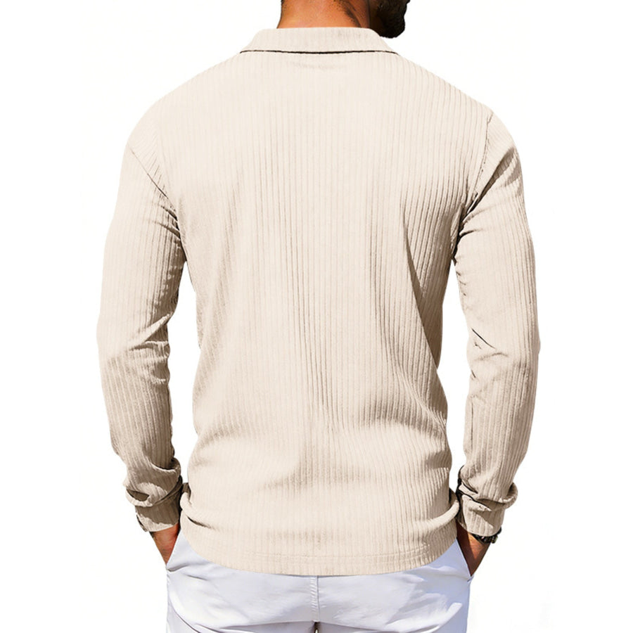 Men’s Full Size Ribbed Long Sleeve Polo with Button Detail Plus Size Apparel and Accessories