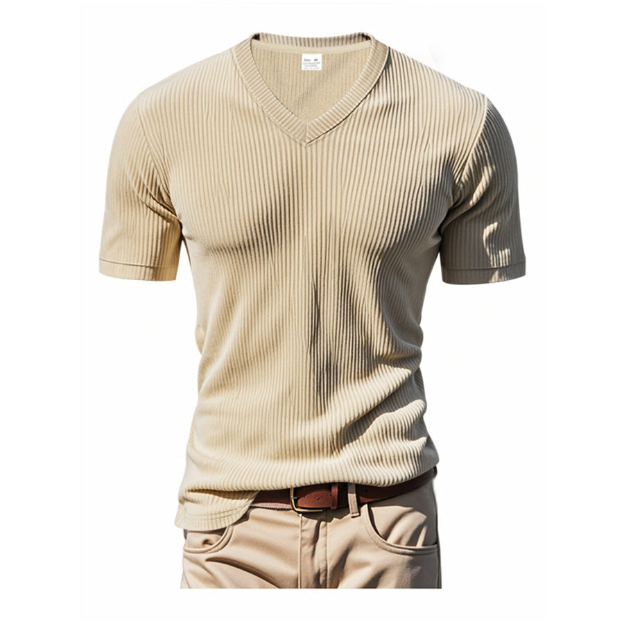 Men’s Full Size Ribbed V-Neck T-Shirt Plus Size Apricot / S Apparel and Accessories