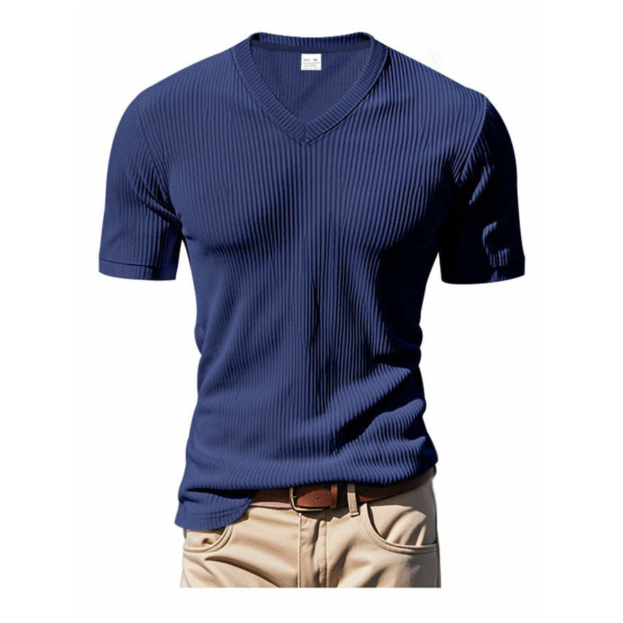 Men’s Full Size Ribbed V-Neck T-Shirt Plus Size Denim Blue / S Apparel and Accessories