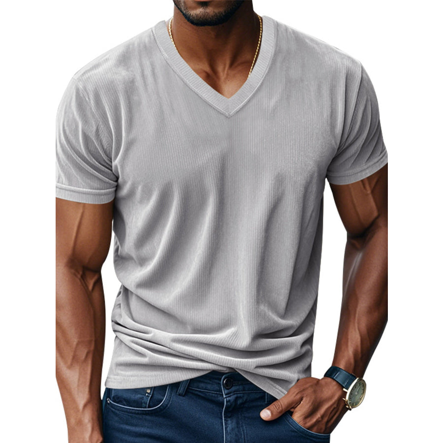 Men’s Full Size Ribbed V-Neck T-Shirt Plus Size Gray / S Apparel and Accessories