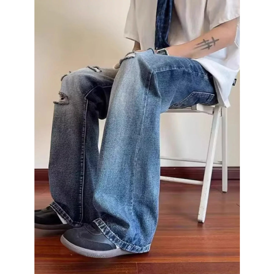 Men’s Full Size Ripped Wide Leg Jeans Plus Size Apparel and Accessories