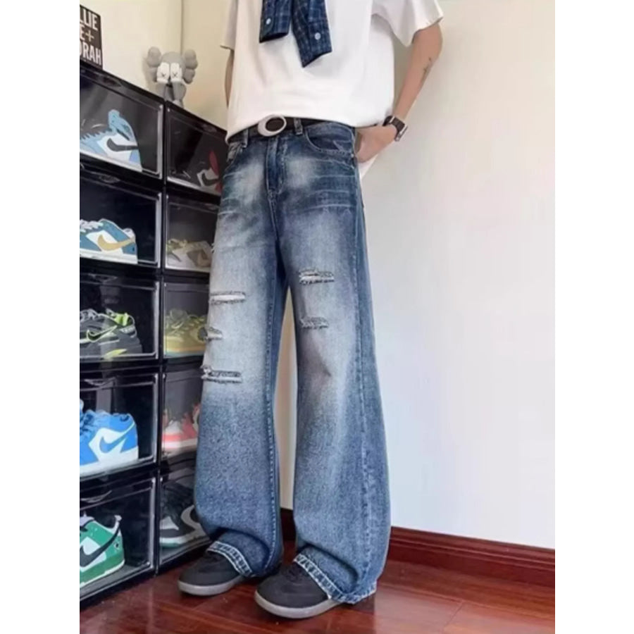 Men’s Full Size Ripped Wide Leg Jeans Plus Size Apparel and Accessories