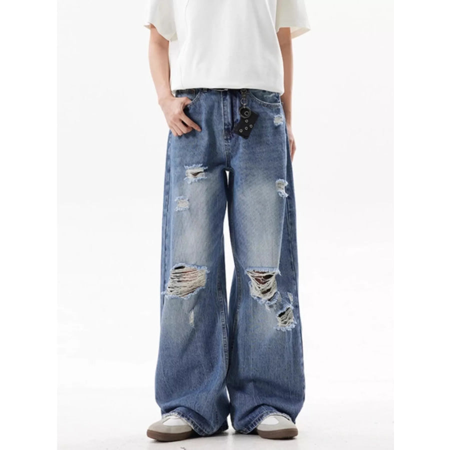 Men’s Full Size Ripped Wide Leg Jeans Plus Size Blue / S Apparel and Accessories