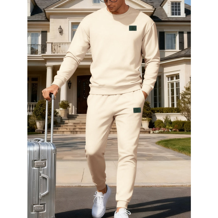 Men’s Full Size Round Neck Sweatshirt and Jogger Set Plus Size Apricot / S Apparel and Accessories