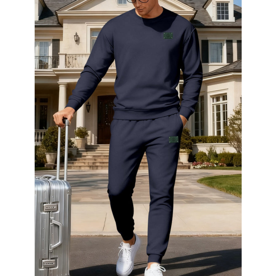 Men’s Full Size Round Neck Sweatshirt and Jogger Set Plus Size Navy Blue / S Apparel and Accessories