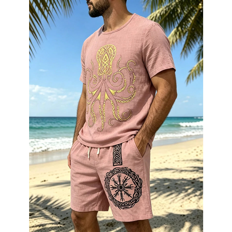 Men’s Full Size Round Neck Tee and Shorts Set Plus Size Apparel and Accessories