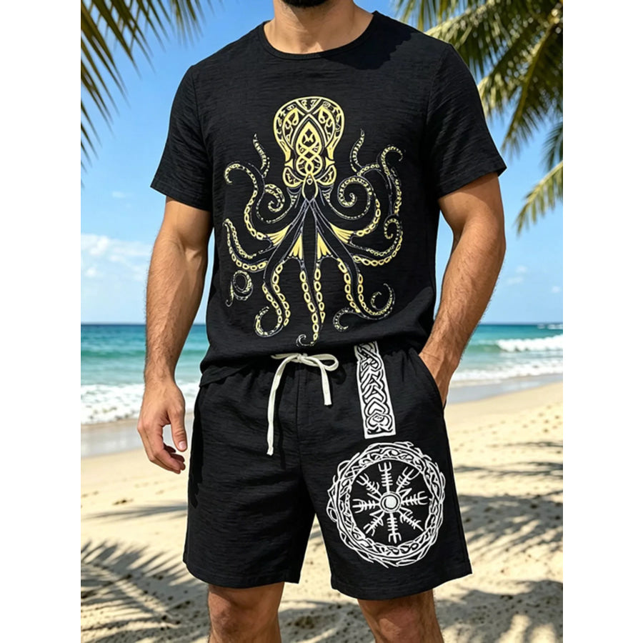 Men’s Full Size Round Neck Tee and Shorts Set Plus Size Black / S Apparel and Accessories