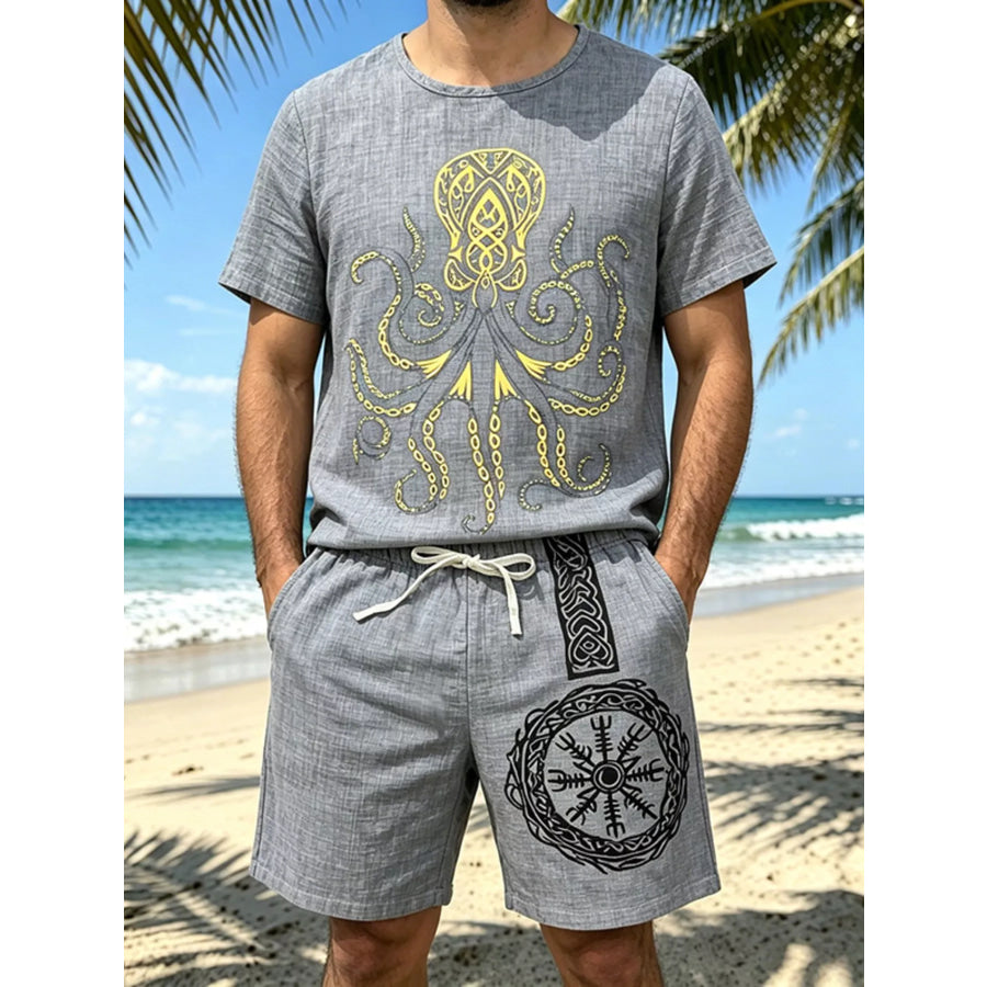 Men’s Full Size Round Neck Tee and Shorts Set Plus Size Gray / S Apparel and Accessories