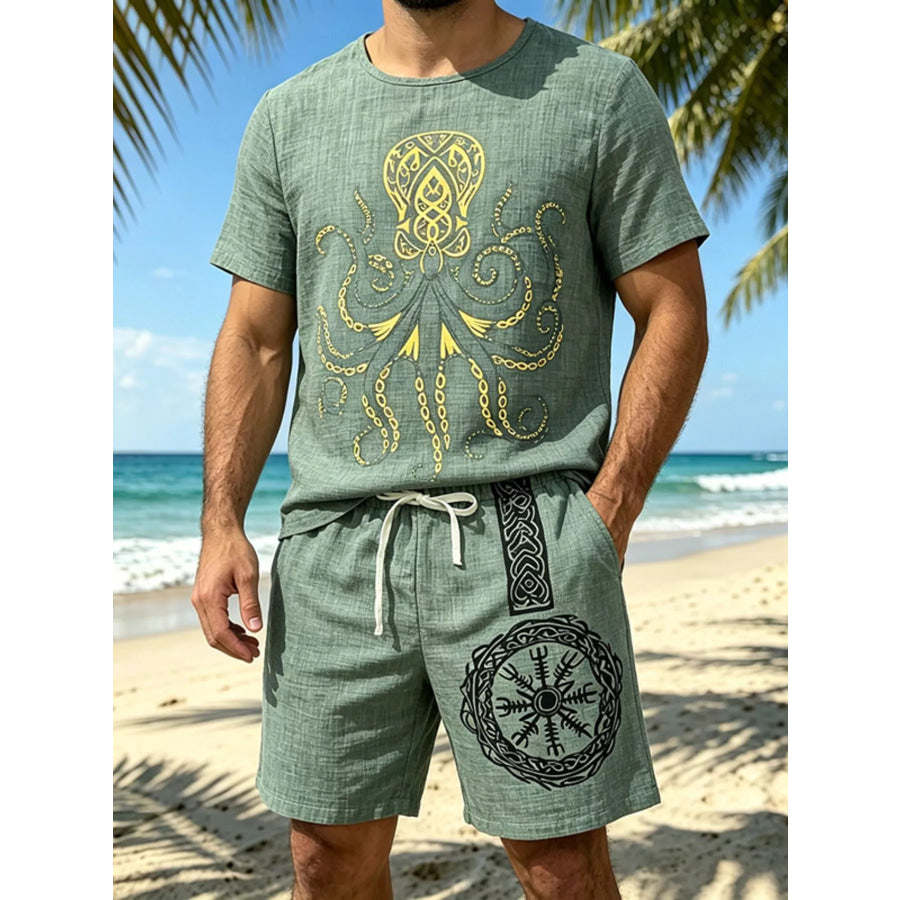 Men’s Full Size Round Neck Tee and Shorts Set Plus Size Light Green / S Apparel and Accessories