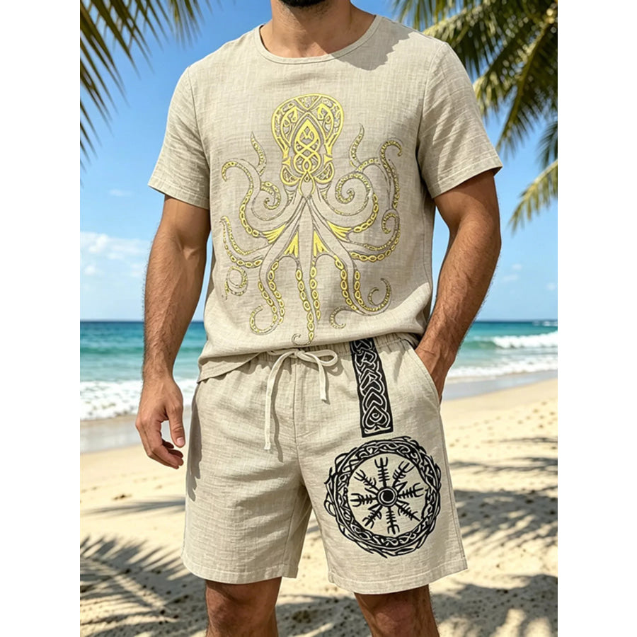 Men’s Full Size Round Neck Tee and Shorts Set Plus Size Orange-red / S Apparel and Accessories