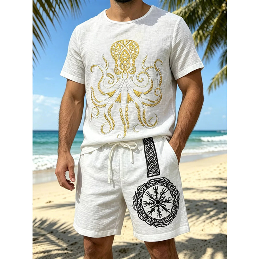 Men’s Full Size Round Neck Tee and Shorts Set Plus Size White / S Apparel and Accessories