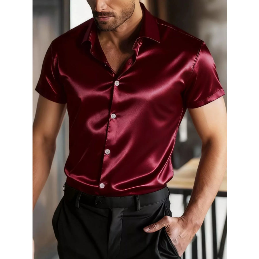 Men’s Full Size Satin Short Sleeve Shirt Plus Size Burgundy / S Apparel and Accessories