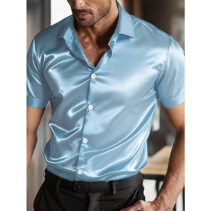 Men’s Full Size Satin Short Sleeve Shirt Plus Size Light Blue / S Apparel and Accessories
