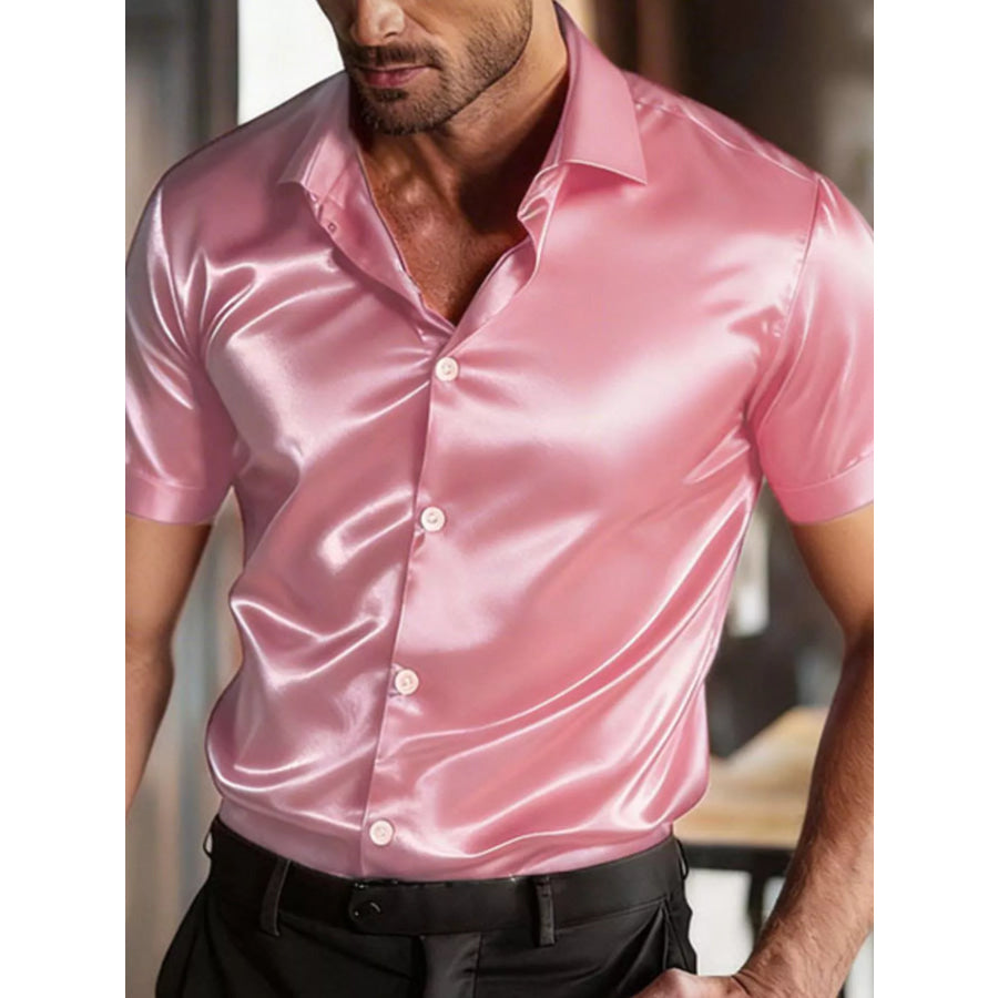 Men’s Full Size Satin Short Sleeve Shirt Plus Size Pink / S Apparel and Accessories