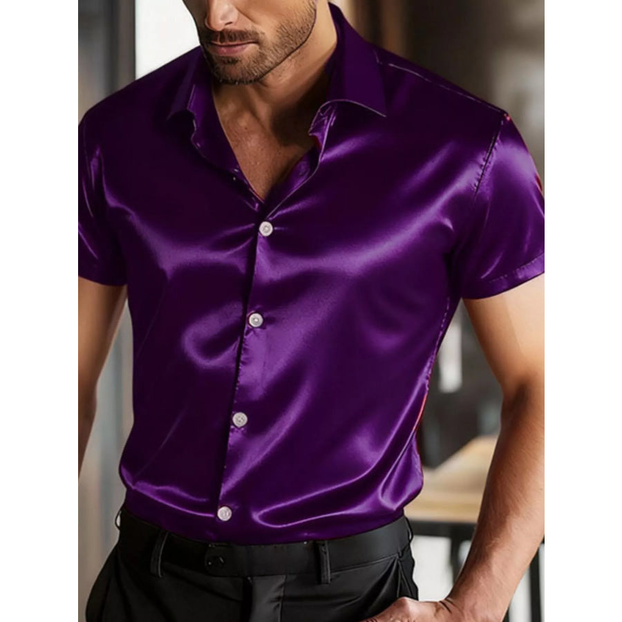 Men’s Full Size Satin Short Sleeve Shirt Plus Size Purple / S Apparel and Accessories