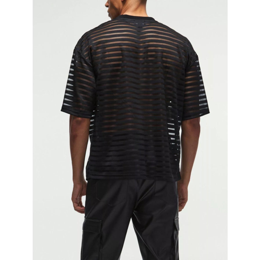 Men’s Full Size Sheer Striped Round Neck T-Shirt Plus Size Apparel and Accessories