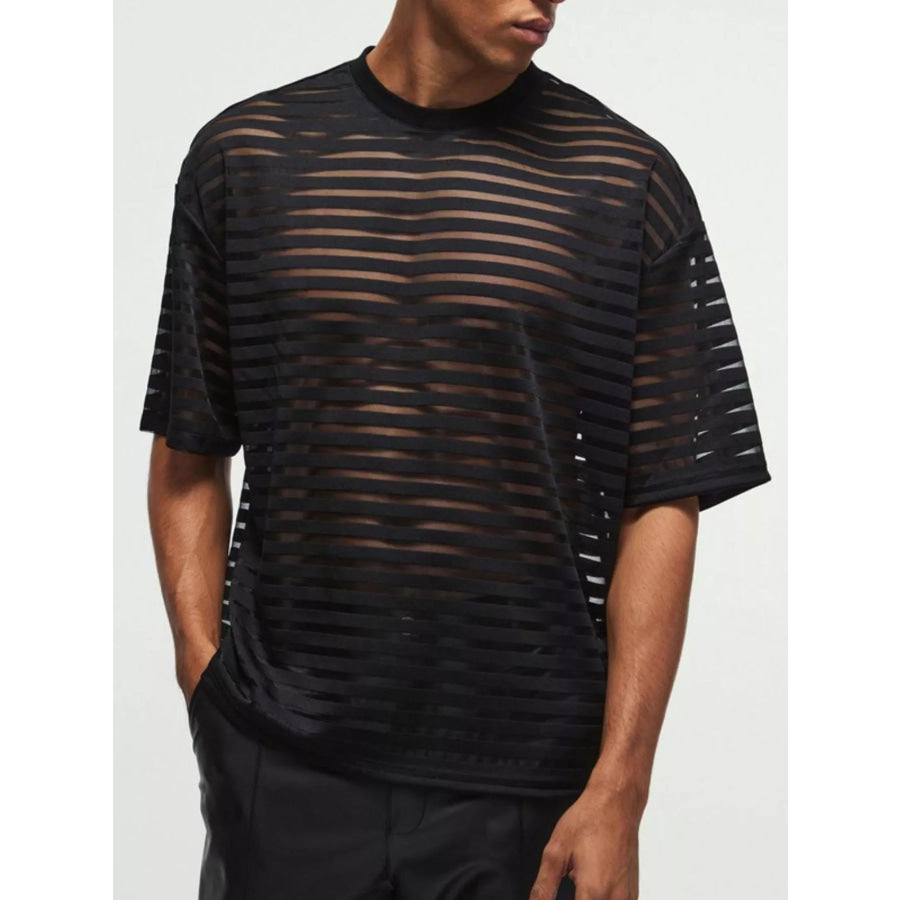 Men’s Full Size Sheer Striped Round Neck T-Shirt Plus Size Apparel and Accessories