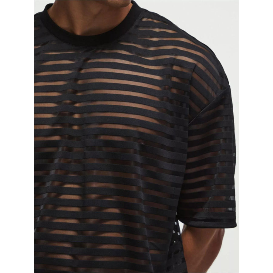 Men’s Full Size Sheer Striped Round Neck T-Shirt Plus Size Apparel and Accessories