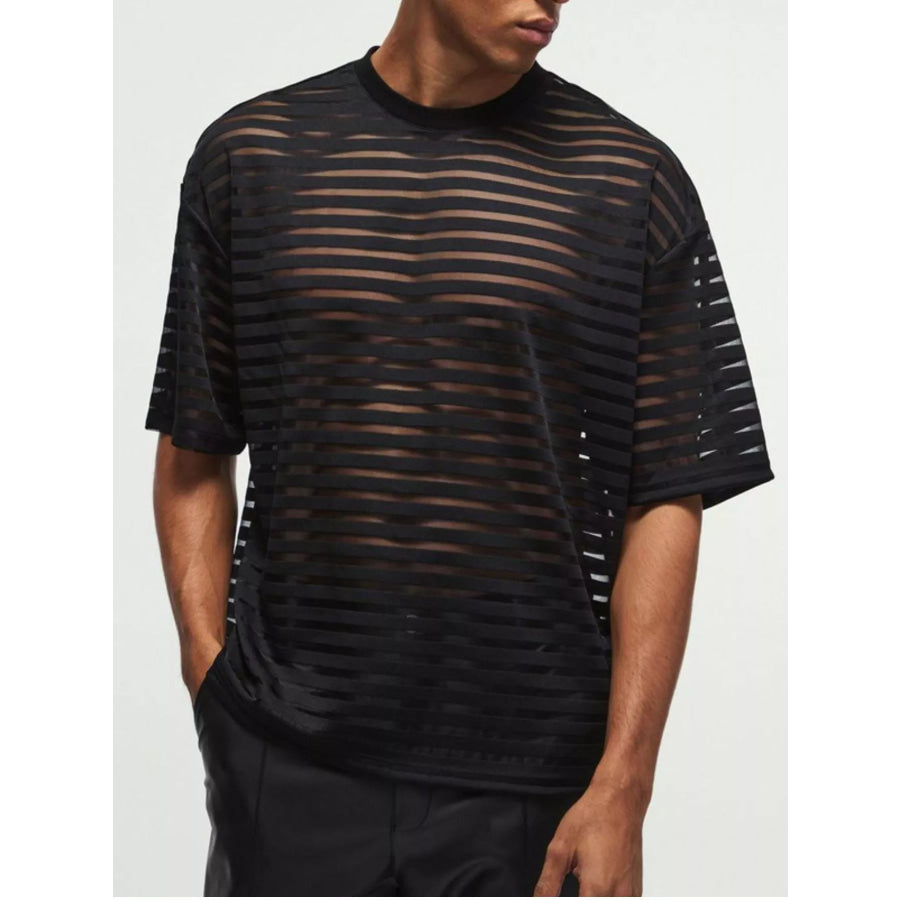 Men’s Full Size Sheer Striped Round Neck T-Shirt Plus Size Black / S Apparel and Accessories