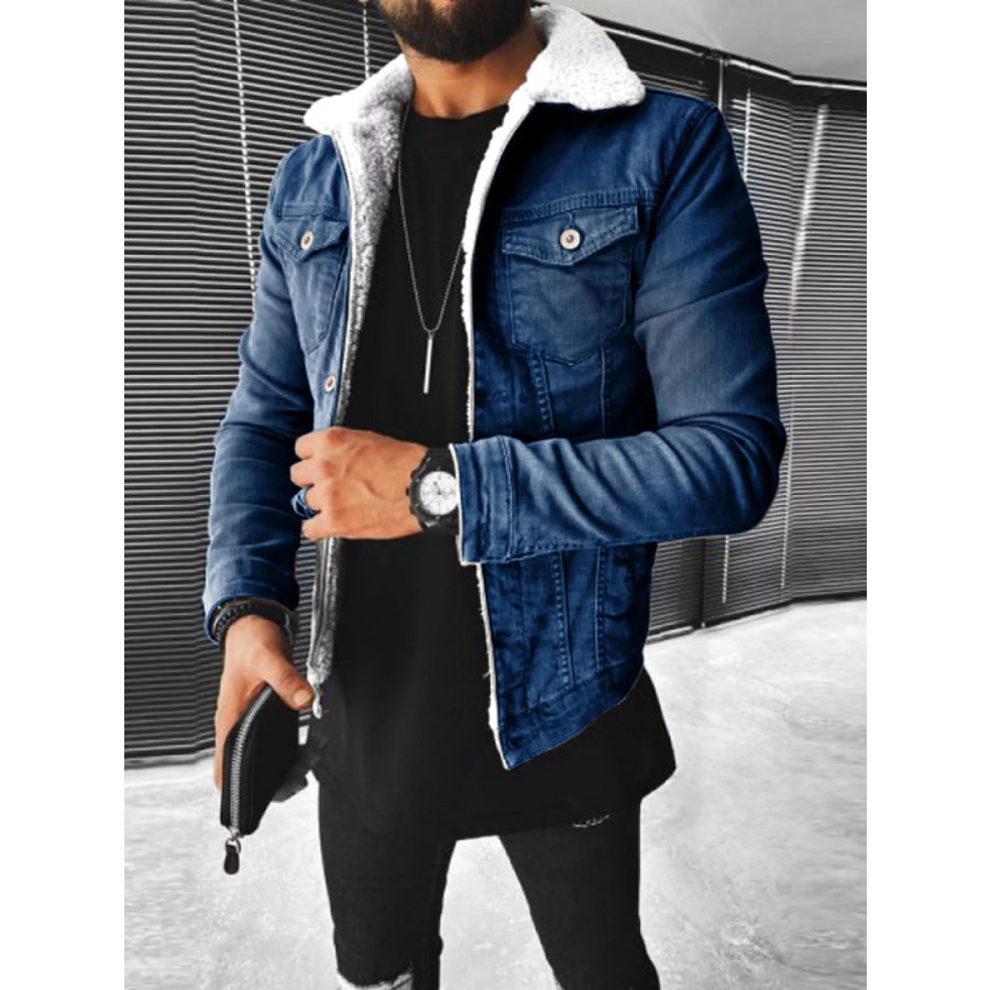 Men’s Full Size Sherpa-Lined Denim Jacket Plus Size Dark Blue / S Apparel and Accessories