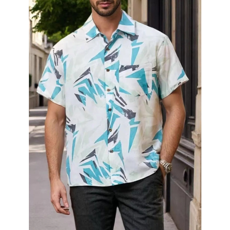 Men’s Full Size Short Sleeve Geometric Print Casual Button-Down Shirt Plus Size Lake Blue / M Apparel and Accessories