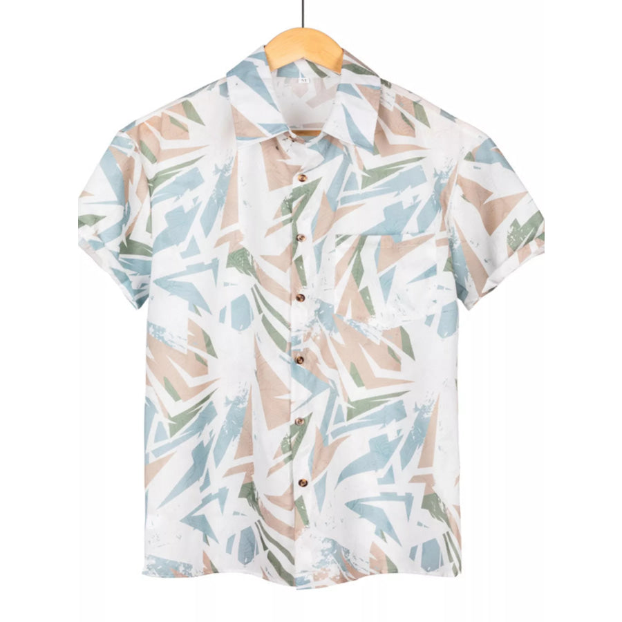 Men’s Full Size Short Sleeve Geometric Print Casual Button-Down Shirt Plus Size Light Brown / M Apparel and Accessories