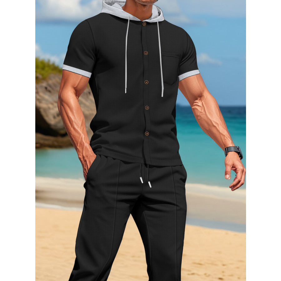 Men’s Full Size Short-Sleeve Hooded Top and Shorts Set Plus Size Black / S Apparel and Accessories