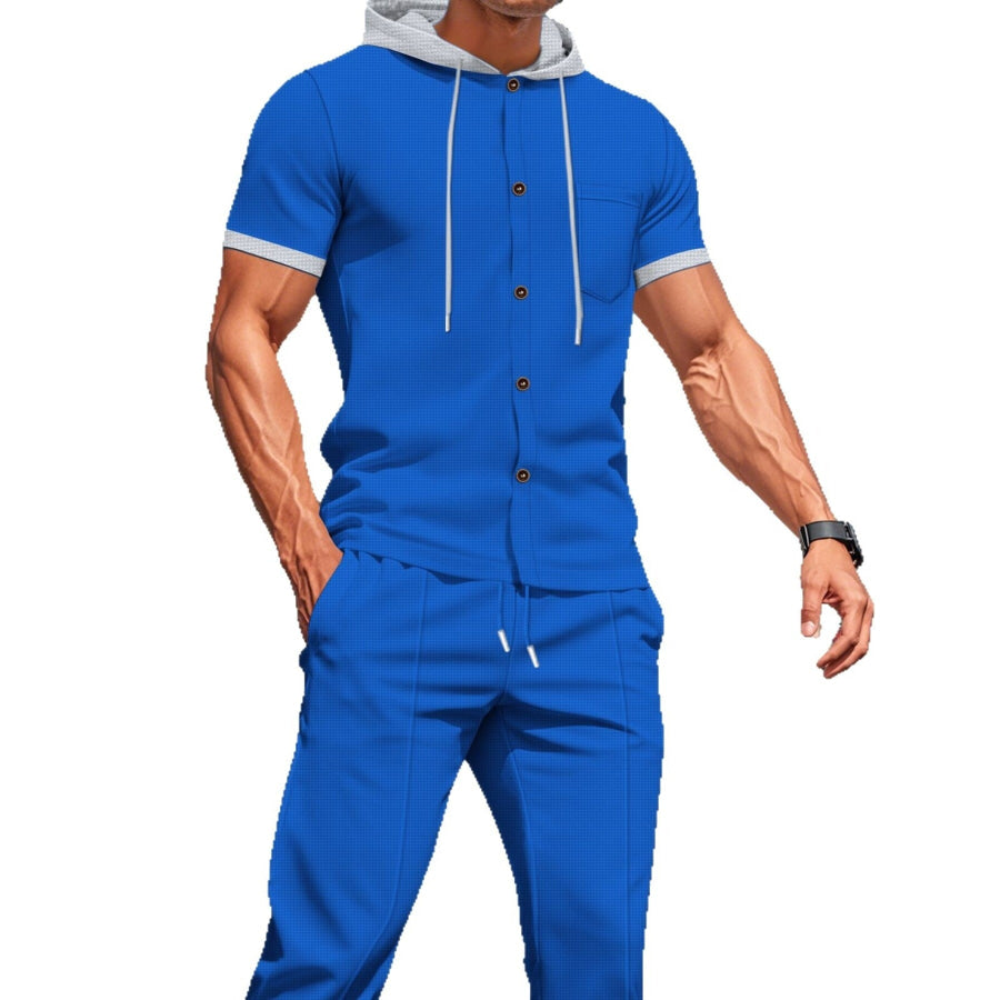 Men’s Full Size Short-Sleeve Hooded Top and Shorts Set Plus Size Blue / S Apparel and Accessories