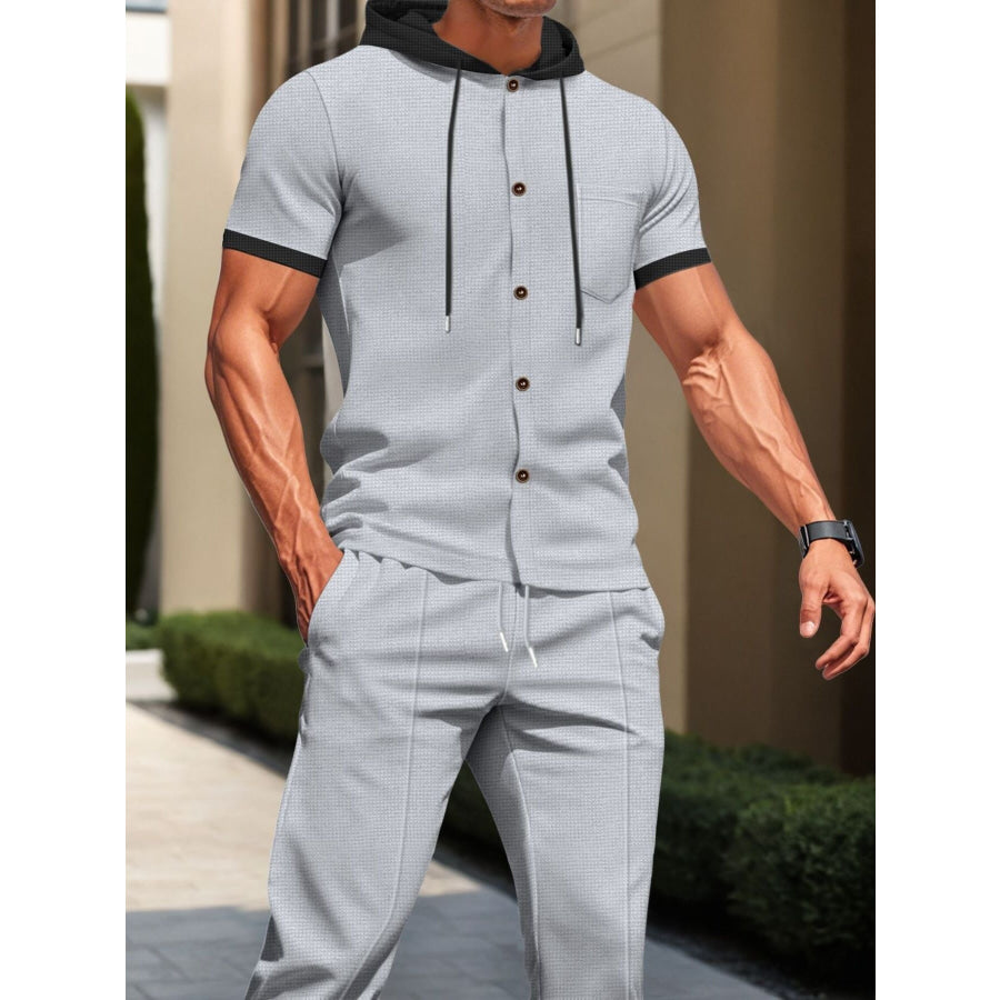 Men’s Full Size Short-Sleeve Hooded Top and Shorts Set Plus Size Grey / S Apparel and Accessories