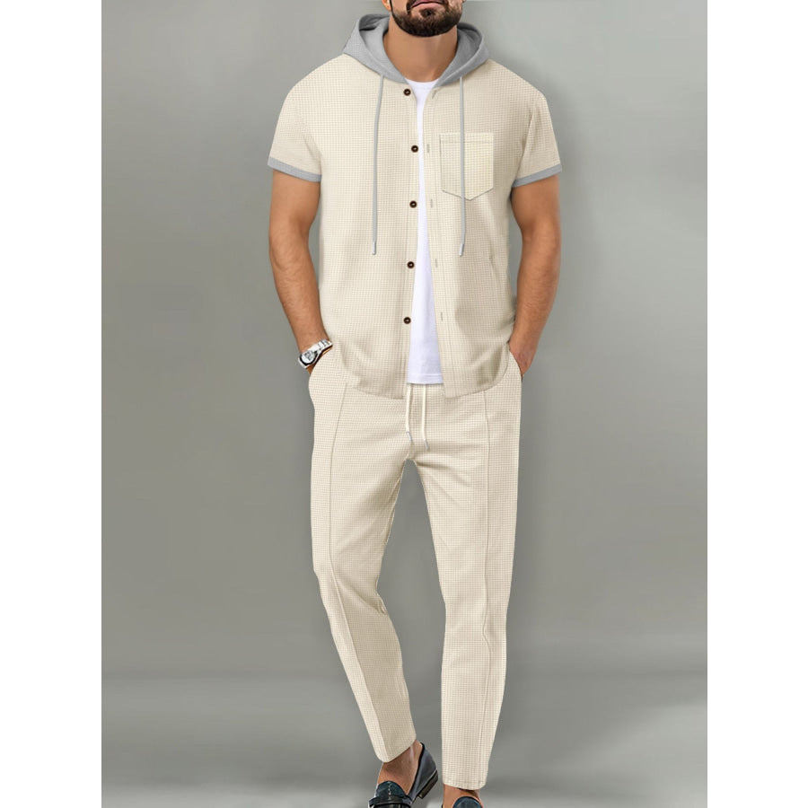 Men’s Full Size Short-Sleeve Hooded Top and Shorts Set Plus Size Khaki / S Apparel and Accessories