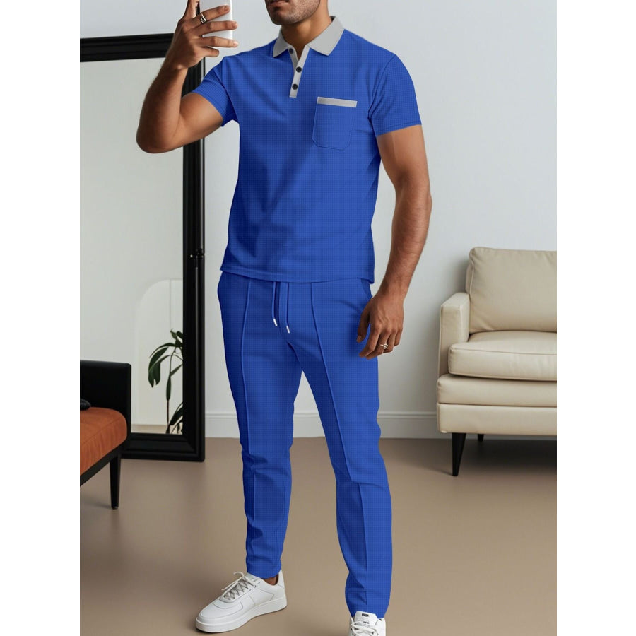 Men’s Full Size Short Sleeve Polo and Pants Set Plus Size Blue / S Apparel and Accessories