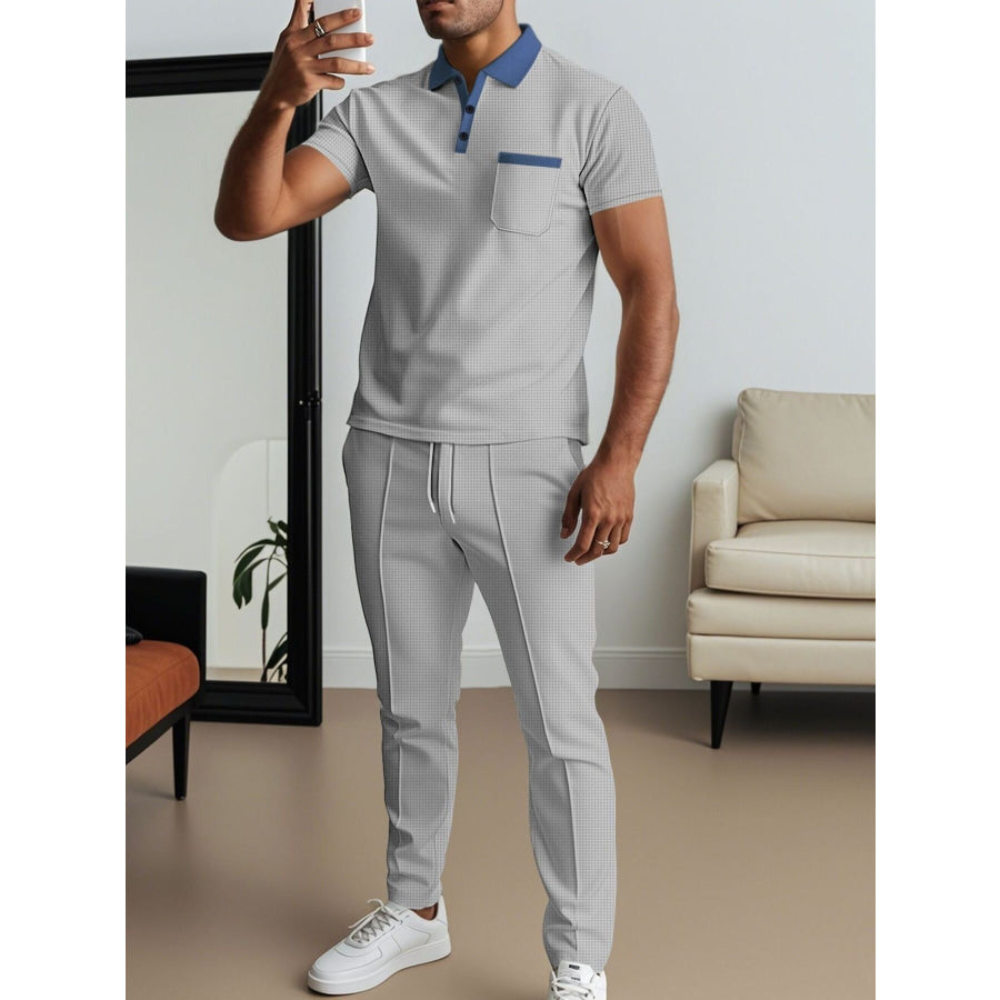 Men’s Full Size Short Sleeve Polo and Pants Set Plus Size Grey / S Apparel and Accessories