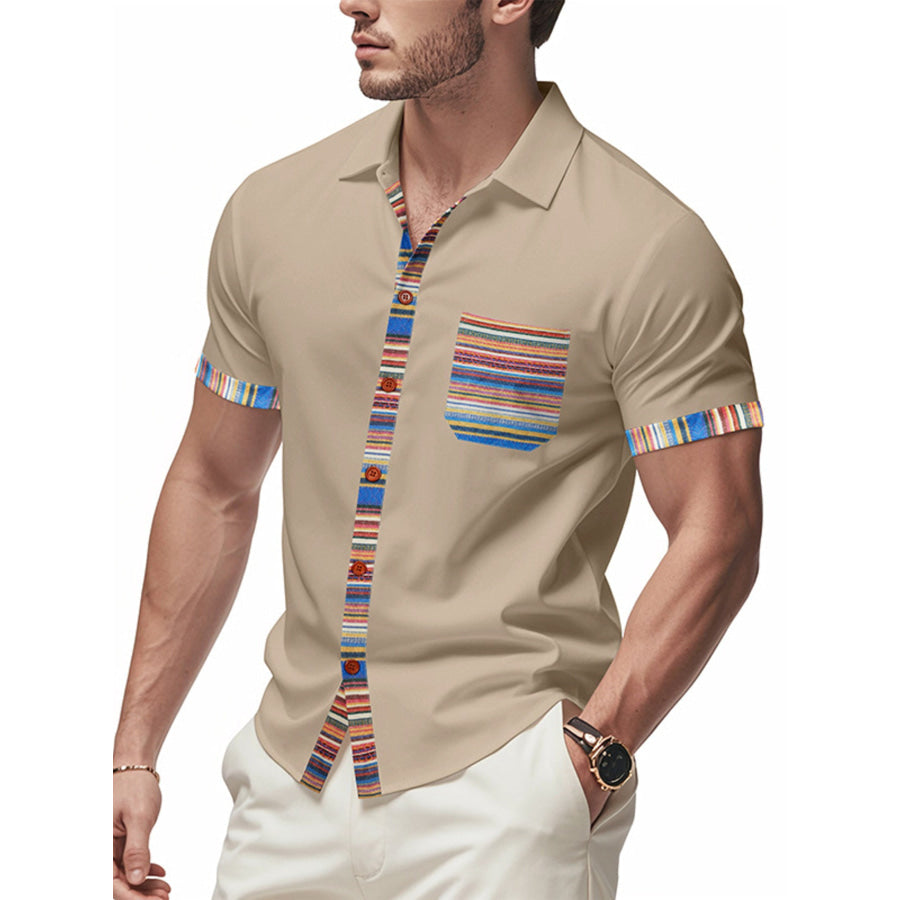 Men’s Full Size Short Sleeve Shirt with Colorful Trim Plus Size Khaki / S Apparel and Accessories