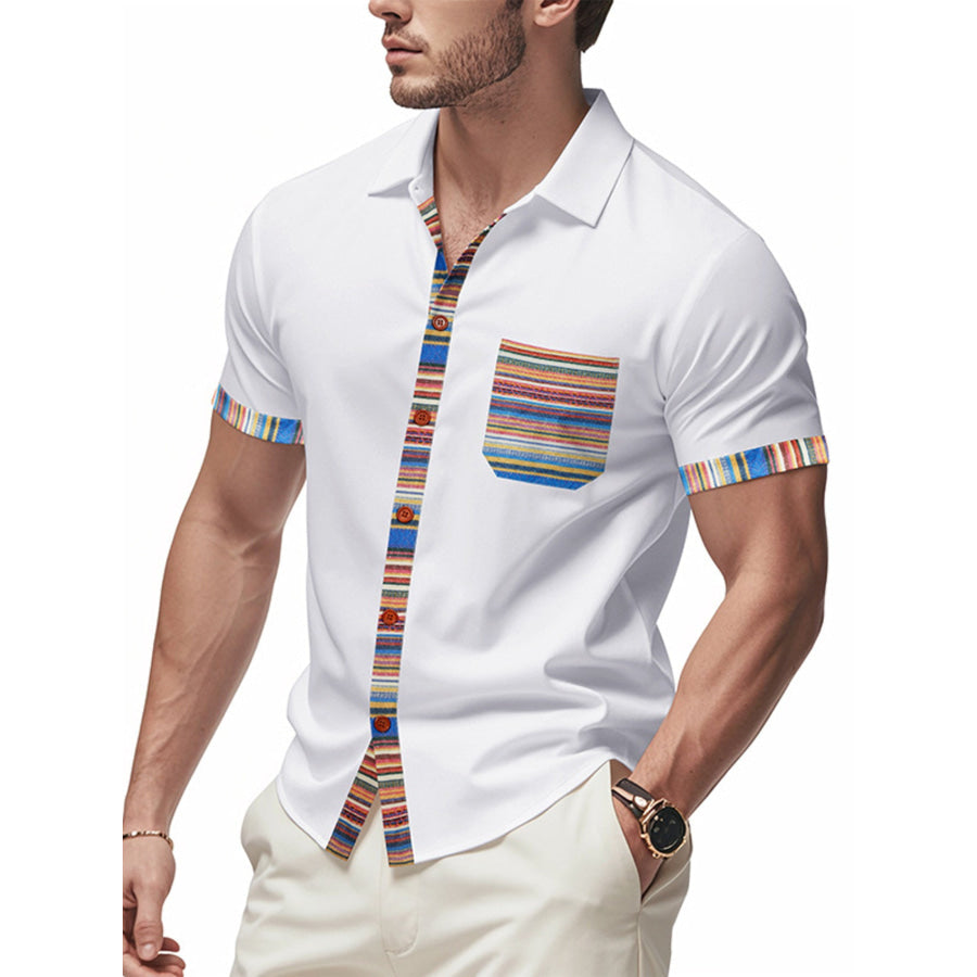 Men’s Full Size Short Sleeve Shirt with Colorful Trim Plus Size White / S Apparel and Accessories