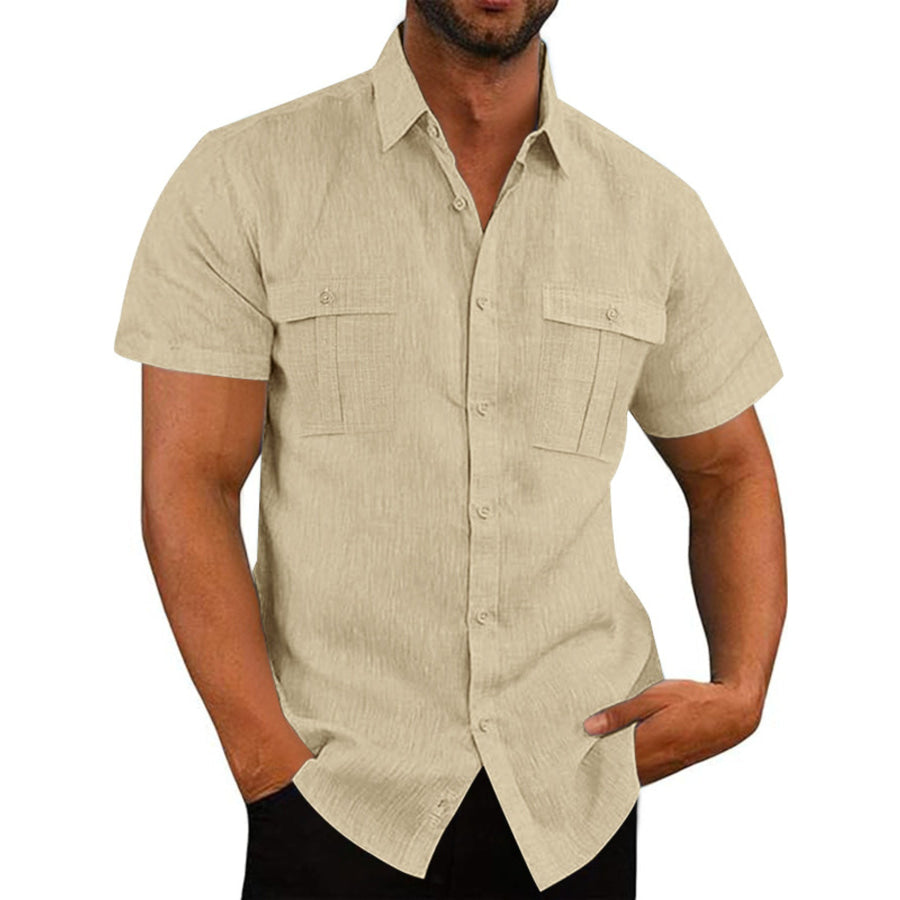 Men’s Full Size Short Sleeve Shirt with Pockets Plus Size Light Khaki / S Apparel and Accessories