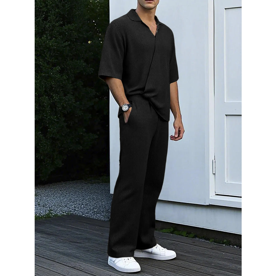 Men’s Full Size Short Sleeve Top and Pants Set Plus Size Black / S Apparel and Accessories