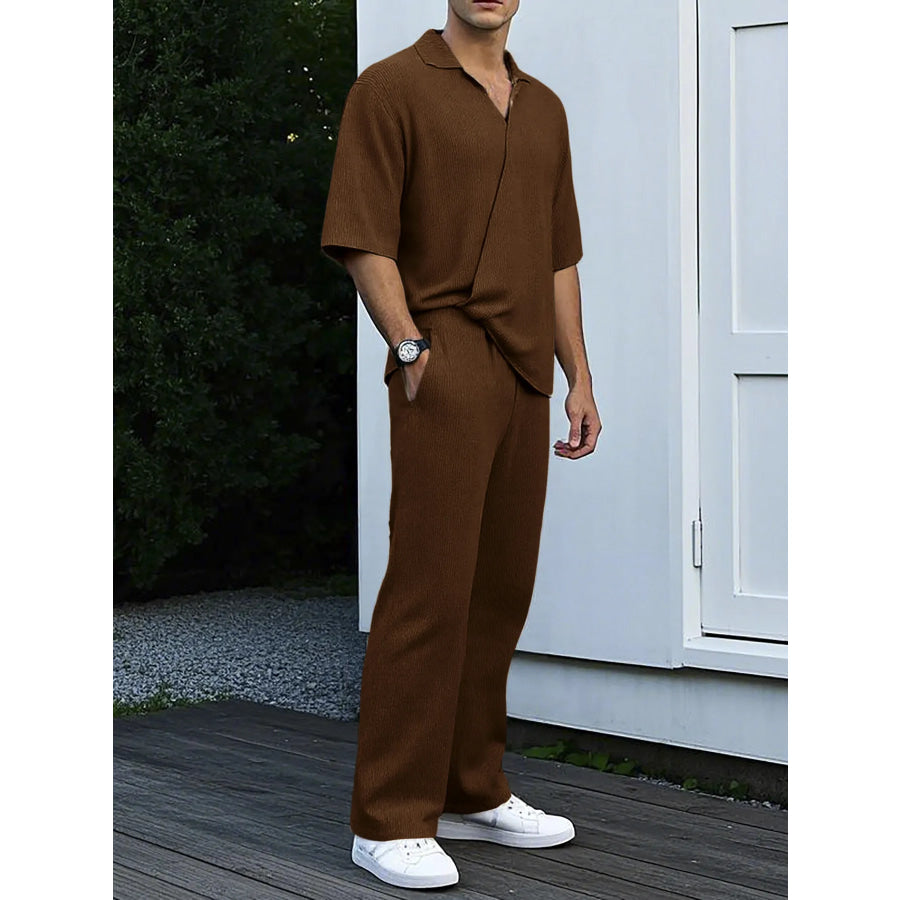 Men’s Full Size Short Sleeve Top and Pants Set Plus Size Brown / S Apparel and Accessories