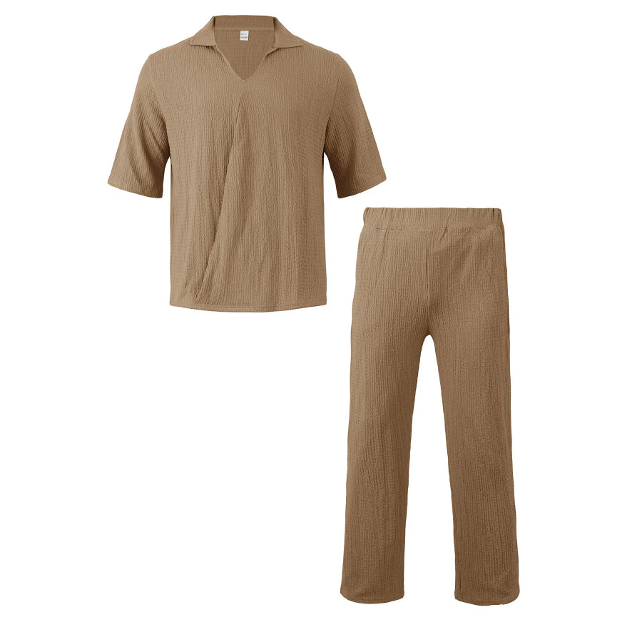 Men’s Full Size Short Sleeve Top and Pants Set Plus Size Khaki / S Apparel and Accessories