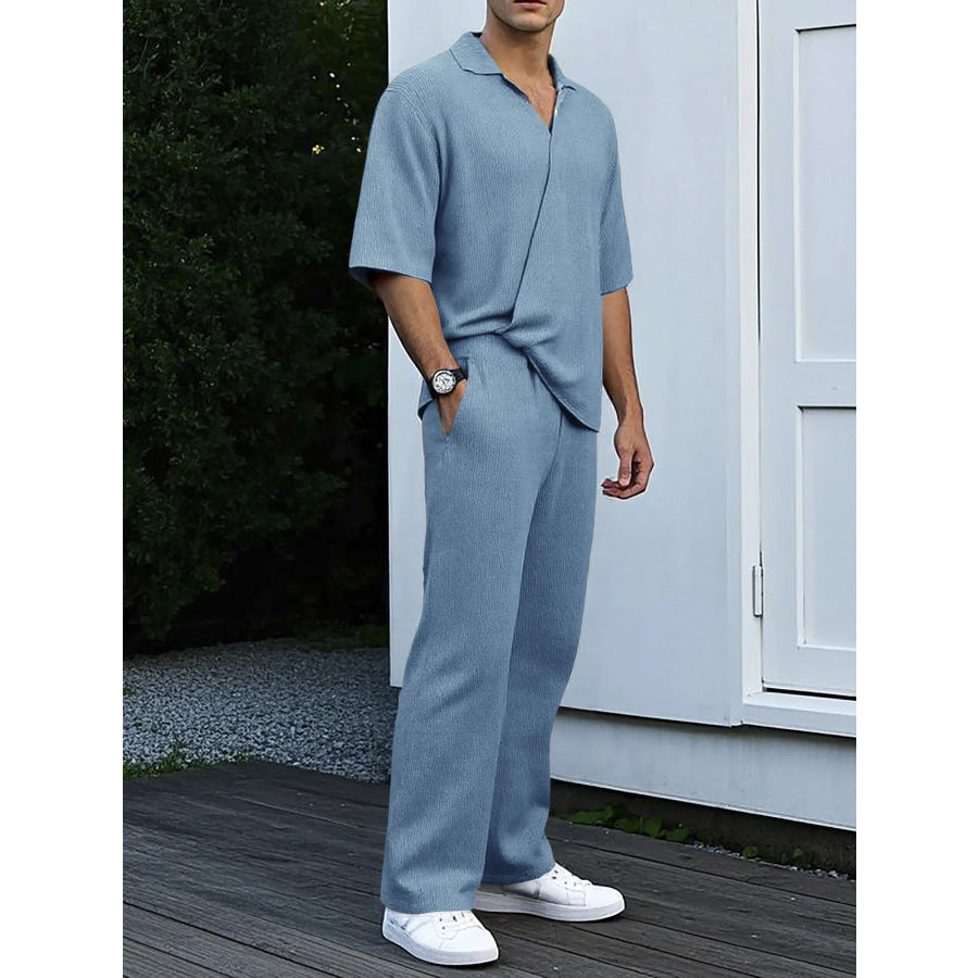 Men’s Full Size Short Sleeve Top and Pants Set Plus Size Light Blue / S Apparel and Accessories
