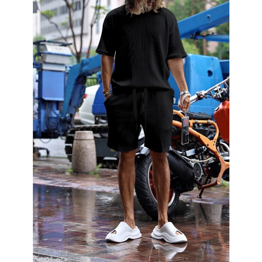 Men’s Full Size Short Sleeve Top and Shorts Set Plus Size Black / S Apparel and Accessories