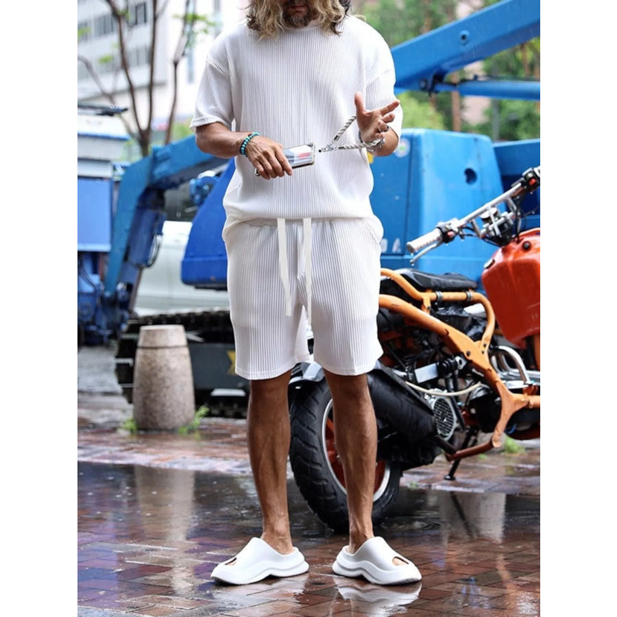 Men’s Full Size Short Sleeve Top and Shorts Set Plus Size White / S Apparel and Accessories