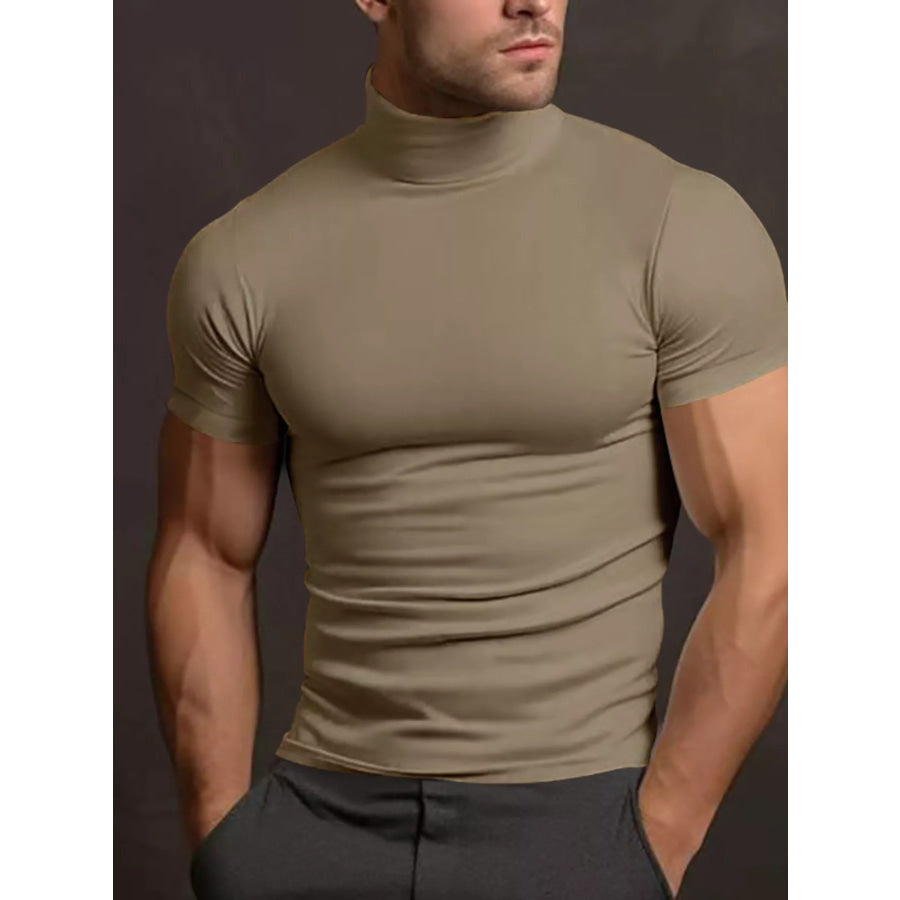 Men’s Full Size Short Sleeve Turtleneck T-Shirt Plus Size Khaki / S Apparel and Accessories
