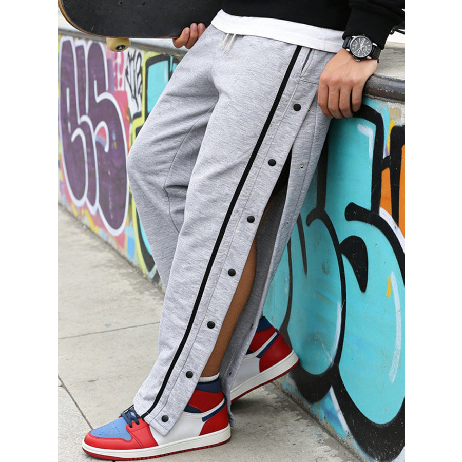 Men’s Full Size Side Snap Button Pants Plus Gray / S Apparel and Accessories