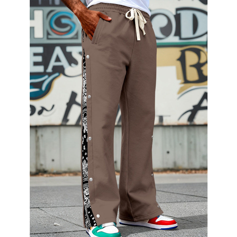 Men’s Full Size Side Snap Wide Leg Pants Plus Size Dark Brown / S Apparel and Accessories