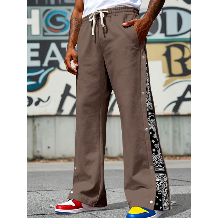 Men’s Full Size Side Snap Wide Leg Pants Plus Size Dark Brown / S Apparel and Accessories