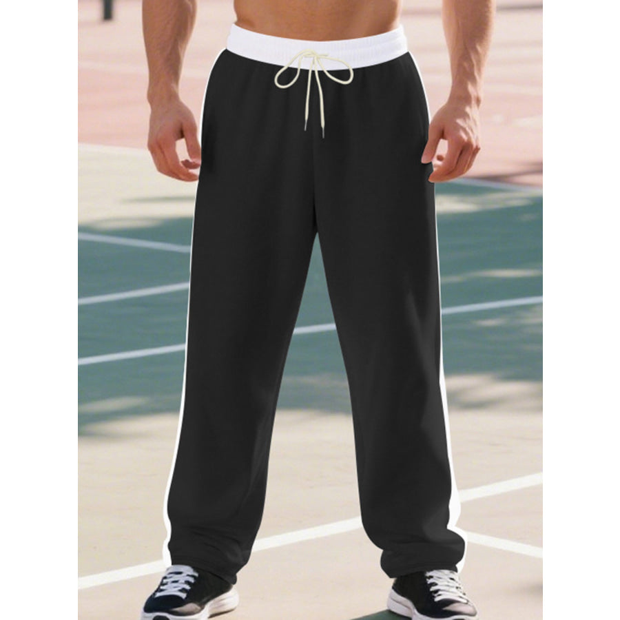 Men’s Full Size Side Stripe Wide Leg Pants Plus Size Black / S Apparel and Accessories