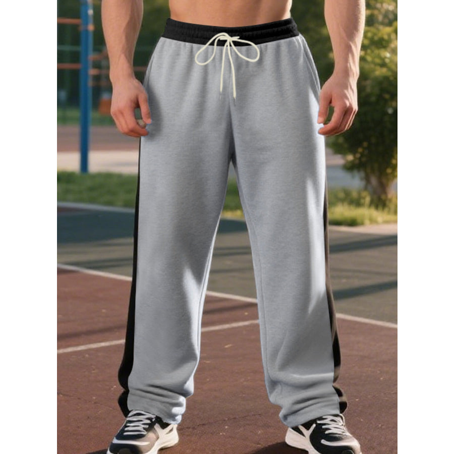 Men’s Full Size Side Stripe Wide Leg Pants Plus Size Light Gray / S Apparel and Accessories