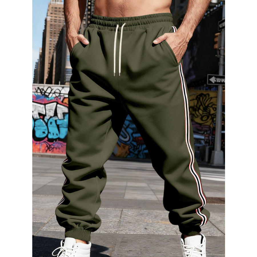 Men’s Full Size Side-Striped Drawstring Joggers Plus Army Green / S Apparel and Accessories