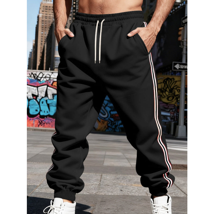 Men’s Full Size Side-Striped Drawstring Joggers Plus Black / S Apparel and Accessories
